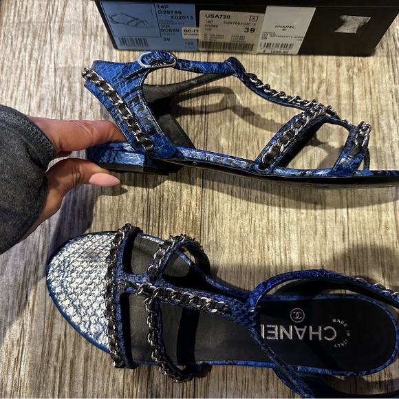 CHANEL- Python Blue, silver, and black thong fancy sandal - Picture 5 of 10